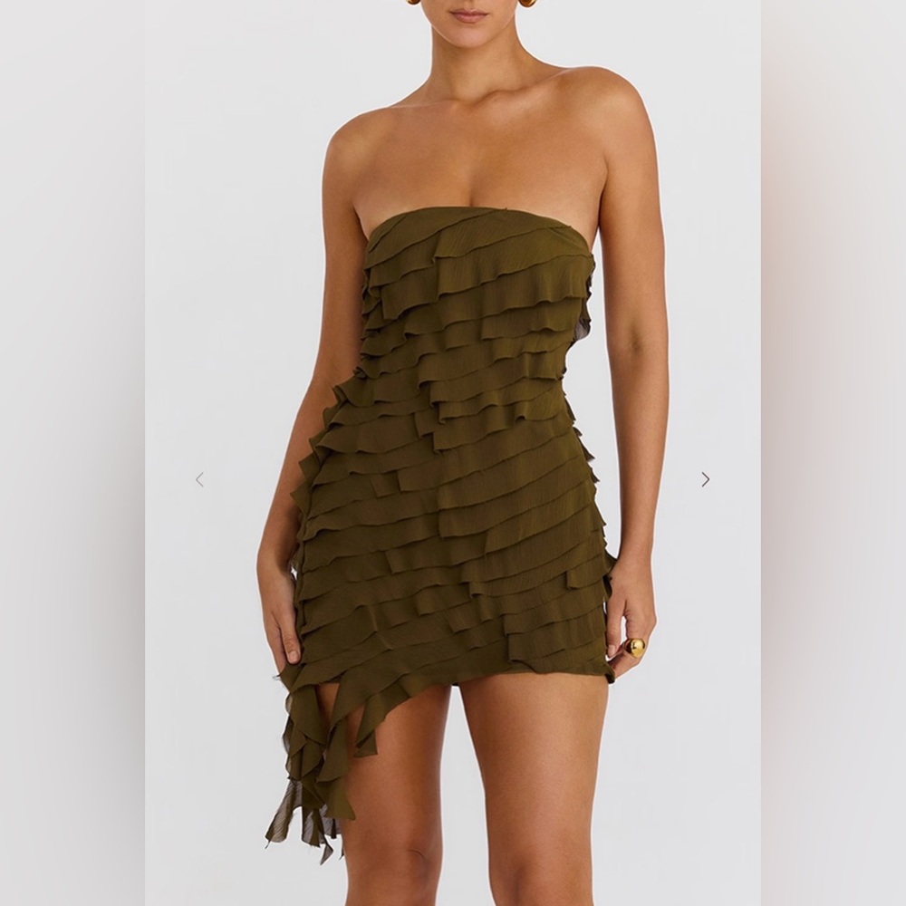 Mistress rocks olive strapless ruffle mini dress